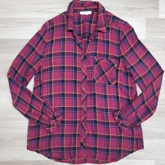 BEACHLUNCHLOUNGE Womens Maroon Blue Orange Plaid Button Front Longsleeve Shirt M - Picture 1 of 6